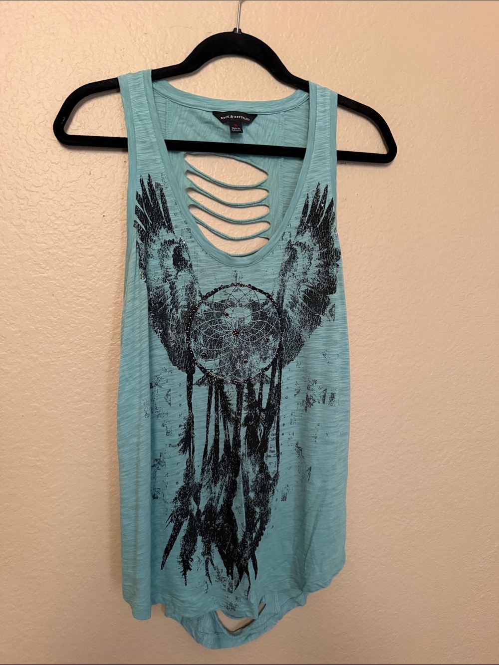 Rock & Republic Teal Graphic Cutout Tank Top- Medium